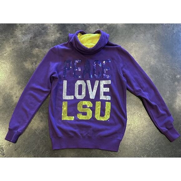Women's LSU Tigers Sequin Peace Love LSU Hoodie Sweatshirt Size Med. Purple/Gold - Picture 3 of 13